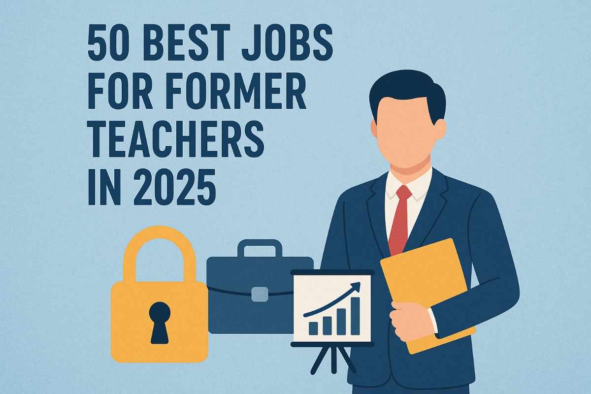 Feature image for article 50 Best Jobs for Former Teachers in 2025 showing a professional man in a suit holding a folder with icons of a briefcase, padlock, and growth chart on a light blue background